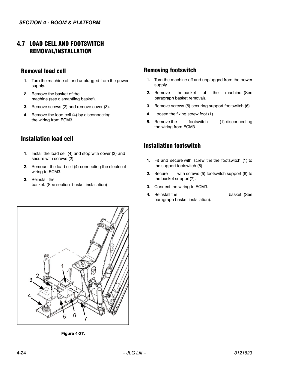 7 load cell and footswitch removal/installation, Removal load cell, Installation load cell | Removing footswitch, Installation footswitch | JLG X20JP - X600AJ Service Manual User Manual | Page 177 / 385