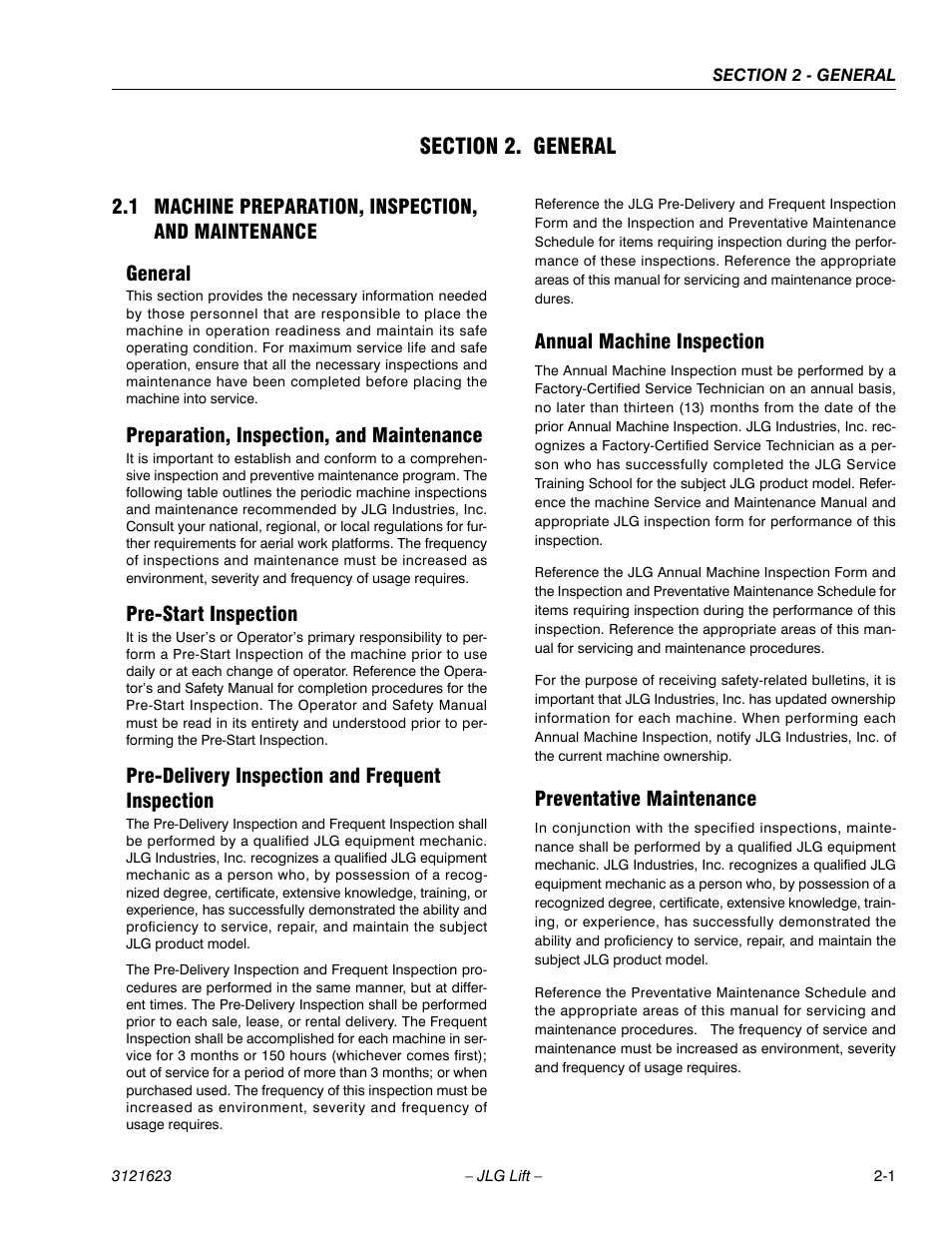 Section 2. general, 1 machine preparation, inspection, and maintenance, General | Preparation, inspection, and maintenance, Pre-start inspection, Pre-delivery inspection and frequent inspection, Annual machine inspection, Preventative maintenance | JLG X20JP - X600AJ Service Manual User Manual | Page 19 / 385