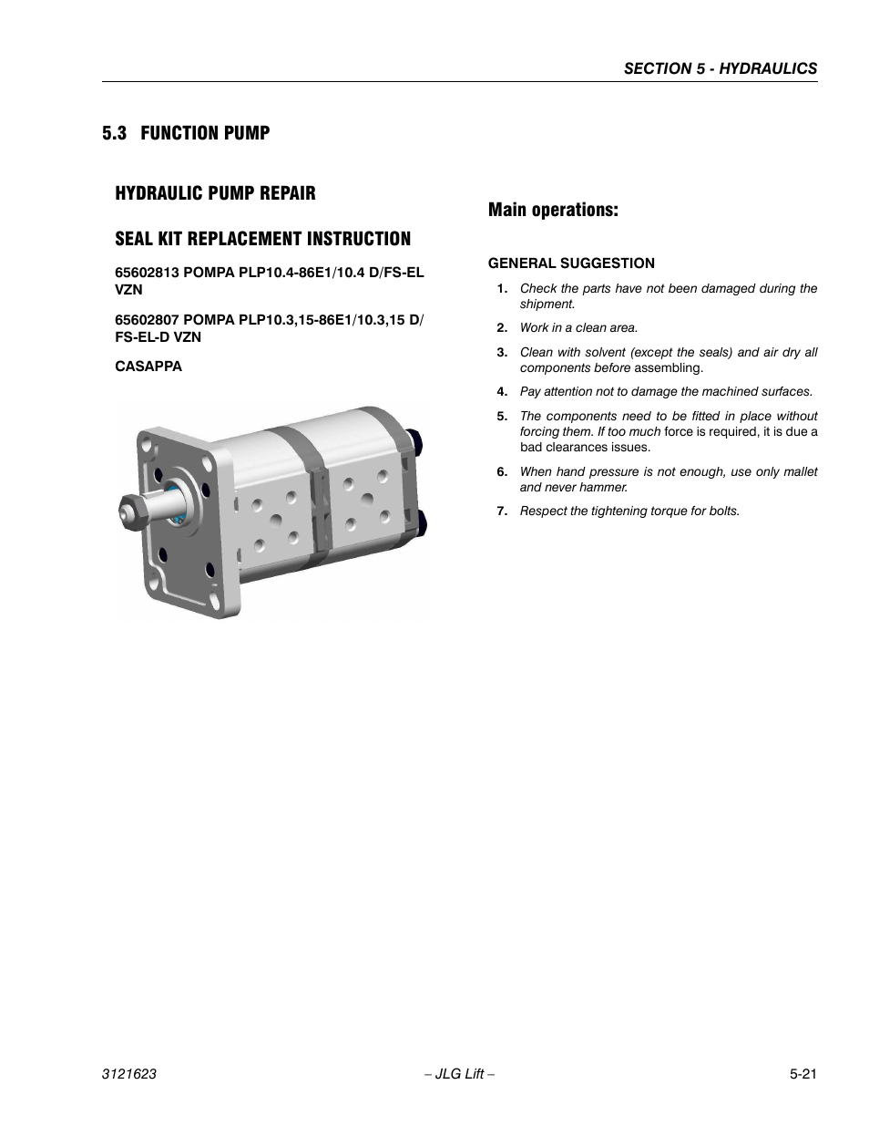 3 function pump, Seal kit replacement instruction, Main operations | JLG X20JP - X600AJ Service Manual User Manual | Page 199 / 385