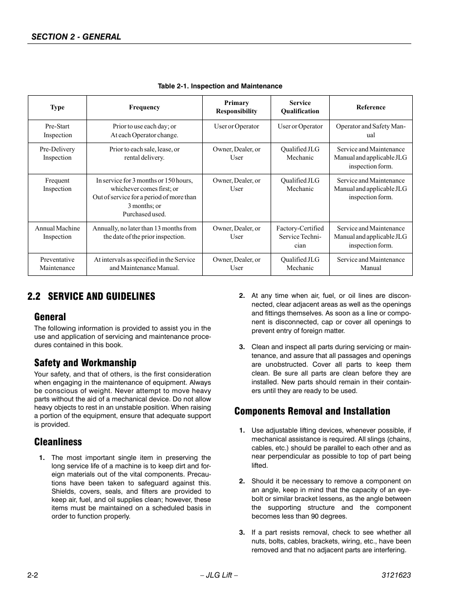 2 service and guidelines, General, Safety and workmanship | Cleanliness, Components removal and installation, 2 service and guidelines general | JLG X20JP - X600AJ Service Manual User Manual | Page 20 / 385