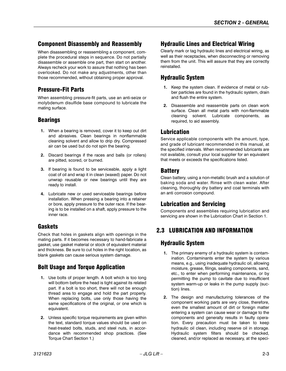 Component disassembly and reassembly, Pressure-fit parts, Bearings | Gaskets, Bolt usage and torque application, Hydraulic lines and electrical wiring, Hydraulic system, Lubrication, Battery, Lubrication and servicing | JLG X20JP - X600AJ Service Manual User Manual | Page 21 / 385