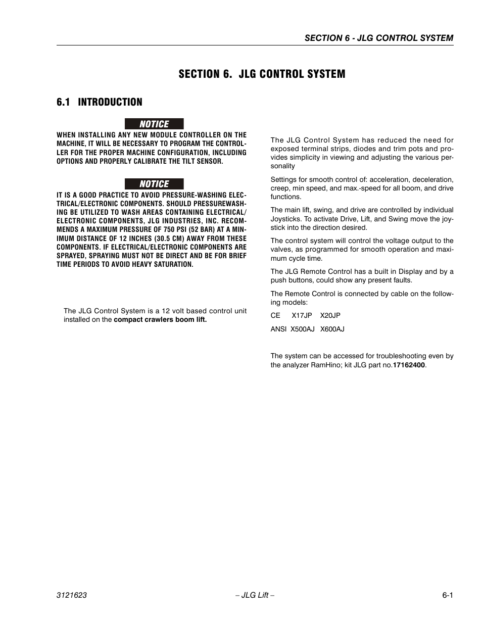 Section 6. jlg control system, 1 introduction | JLG X20JP - X600AJ Service Manual User Manual | Page 217 / 385