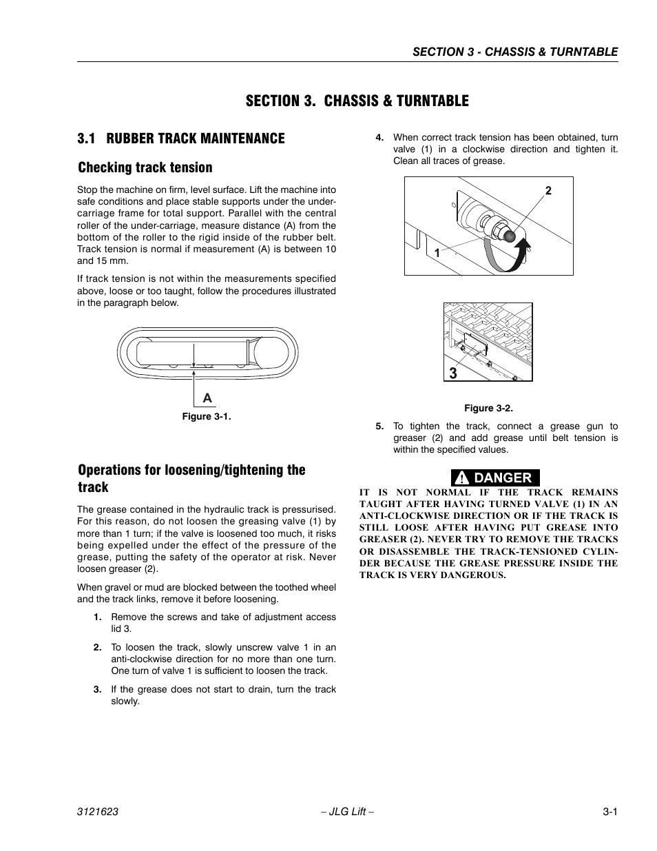 Section 3. chassis & turntable, 1 rubber track maintenance, Checking track tension | Operations for loosening/tightening the track, 1 rubber track maintenance checking track tension | JLG X20JP - X600AJ Service Manual User Manual | Page 25 / 385