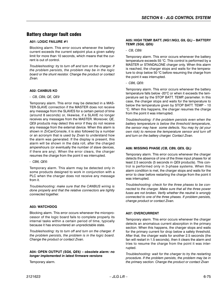 Battery charger fault codes | JLG X20JP - X600AJ Service Manual User Manual | Page 291 / 385