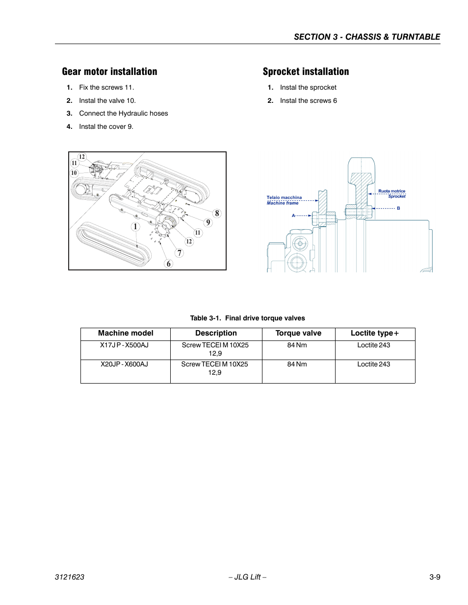 Gear motor installation, Sprocket installation | JLG X20JP - X600AJ Service Manual User Manual | Page 33 / 385