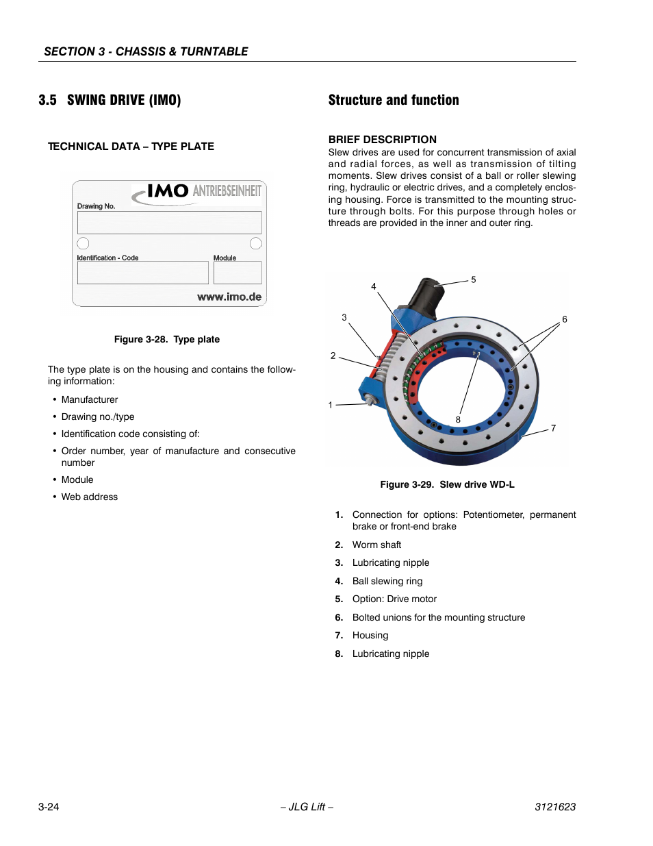 5 swing drive (imo), Technical data – type plate, Structure and function | JLG X20JP - X600AJ Service Manual User Manual | Page 48 / 385