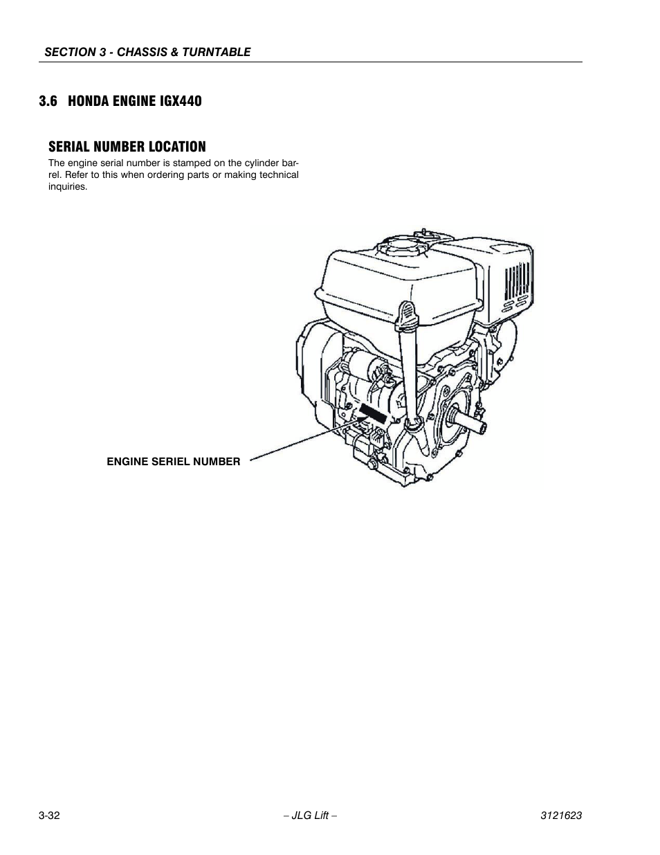 6 honda engine igx440, Serial number location, 6 honda engine igx440 serial number location | JLG X20JP - X600AJ Service Manual User Manual | Page 56 / 385