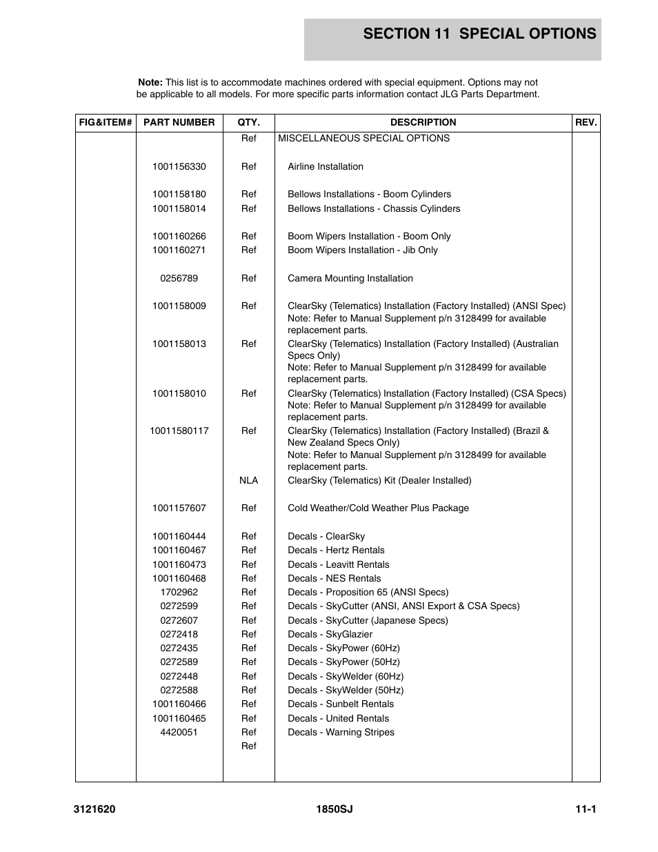 Section 11 special options, Section 11 - special options -1 | JLG 1850SJ Parts Manual User Manual | Page 451 / 468