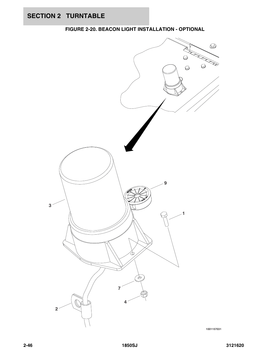 Figure 2-20. beacon light installation - optional | JLG 1850SJ Parts Manual User Manual | Page 82 / 468