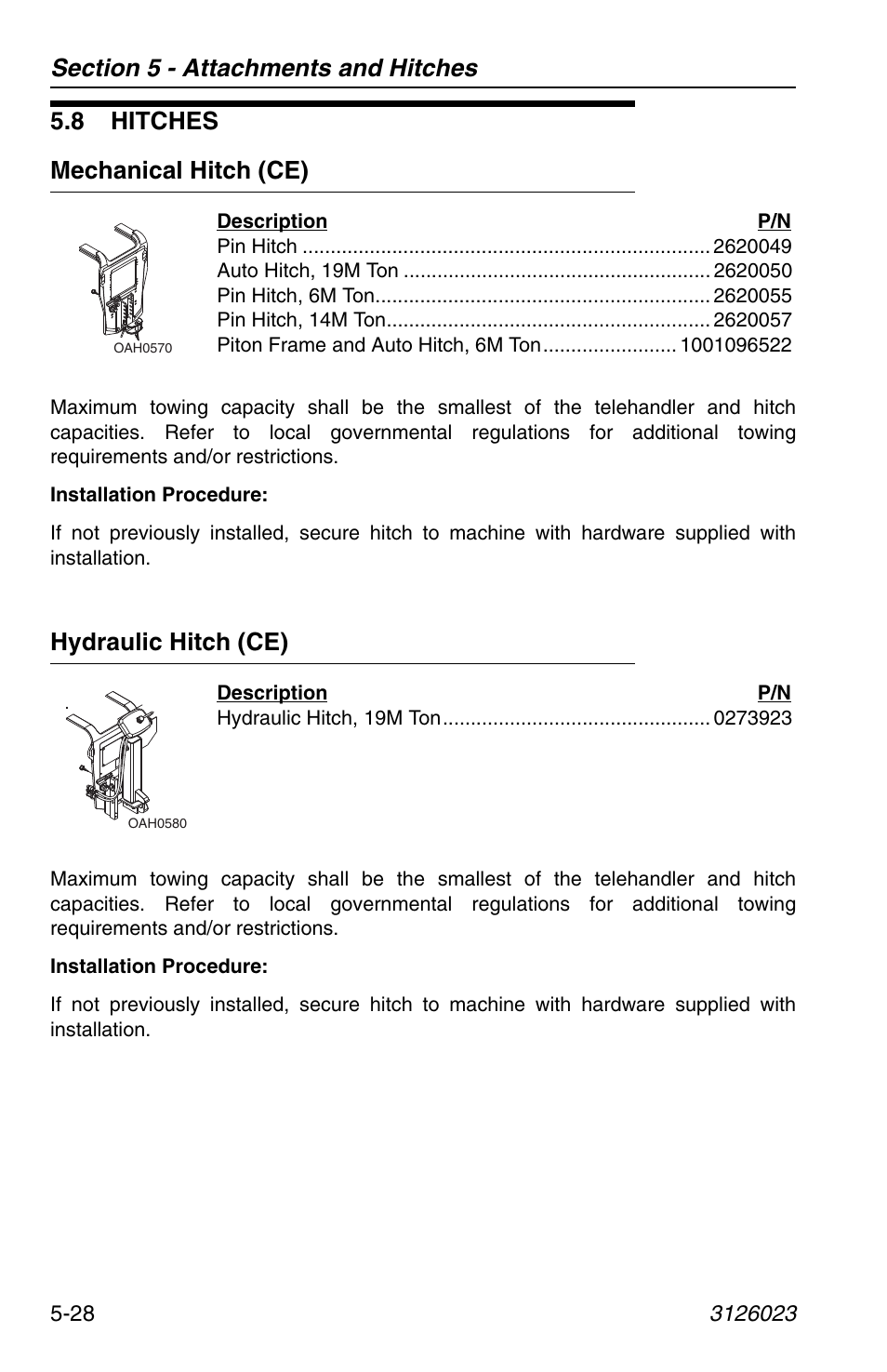 8 hitches, Mechanical hitch (ce), Hydraulic hitch (ce) | 8 hitches -28, Mechanical hitch (ce) -28 hydraulic hitch (ce) -28, 8 hitches mechanical hitch (ce) | JLG 266 LoPro Operator Manual User Manual | Page 100 / 140