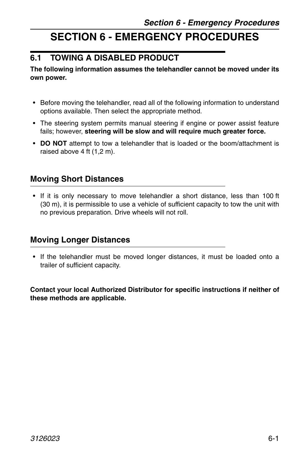 Section 6 - emergency procedures, 1 towing a disabled product, Moving short distances | Moving longer distances, 1 towing a disabled product -1 | JLG 266 LoPro Operator Manual User Manual | Page 101 / 140