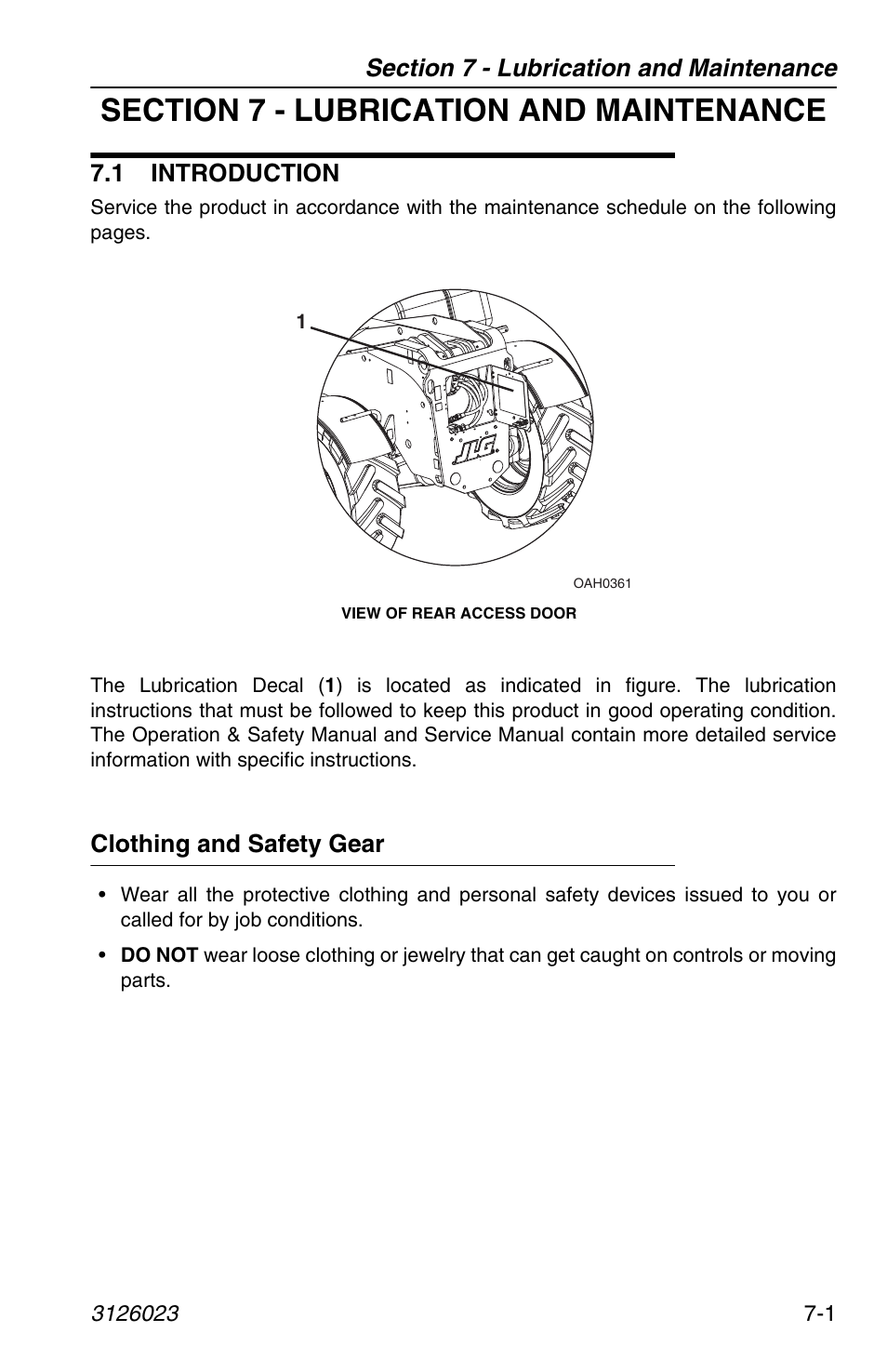 Section 7 - lubrication and maintenance, 1 introduction, Clothing and safety gear | 1 introduction -1, Clothing and safety gear -1, Fer to section 7 - lubrication and maintenance | JLG 266 LoPro Operator Manual User Manual | Page 105 / 140