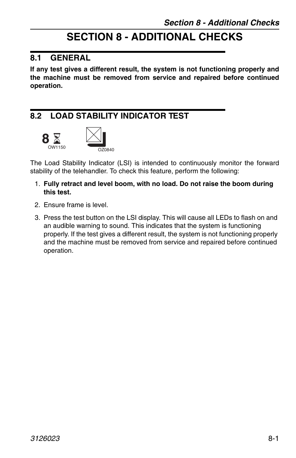 Section 8 - additional checks, 1 general, 2 load stability indicator test | 1 general -1 8.2 load stability indicator test -1 | JLG 266 LoPro Operator Manual User Manual | Page 123 / 140