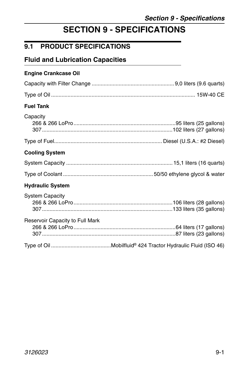 Section 9 - specifications, 1 product specifications, Fluid and lubrication capacities | 1 product specifications -1, Fluid and lubrication capacities -1 | JLG 266 LoPro Operator Manual User Manual | Page 125 / 140