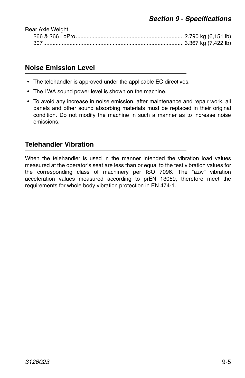 Noise emission level, Telehandler vibration, Noise emission level -5 telehandler vibration -5 | JLG 266 LoPro Operator Manual User Manual | Page 129 / 140