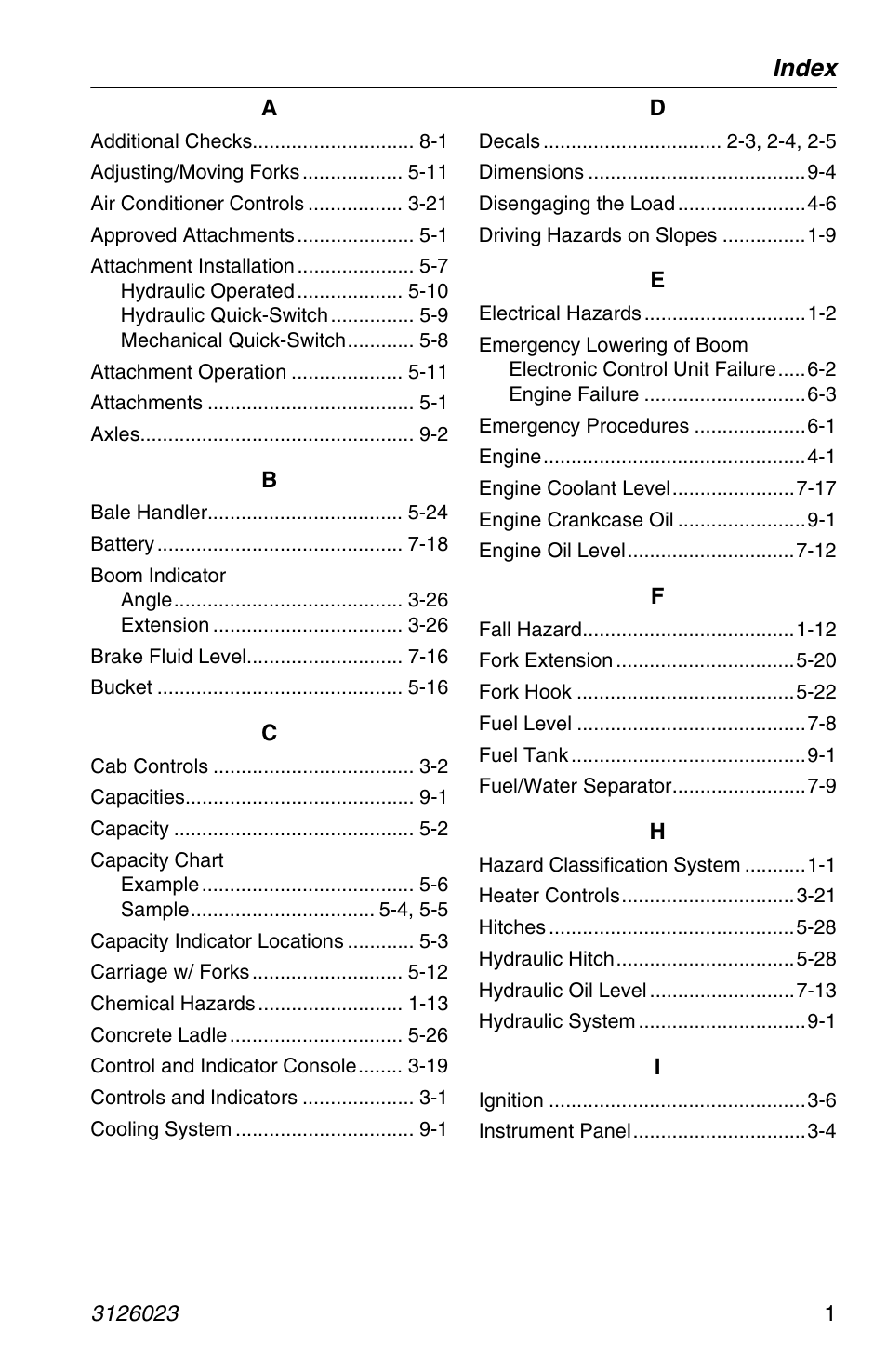 Index | JLG 266 LoPro Operator Manual User Manual | Page 131 / 140