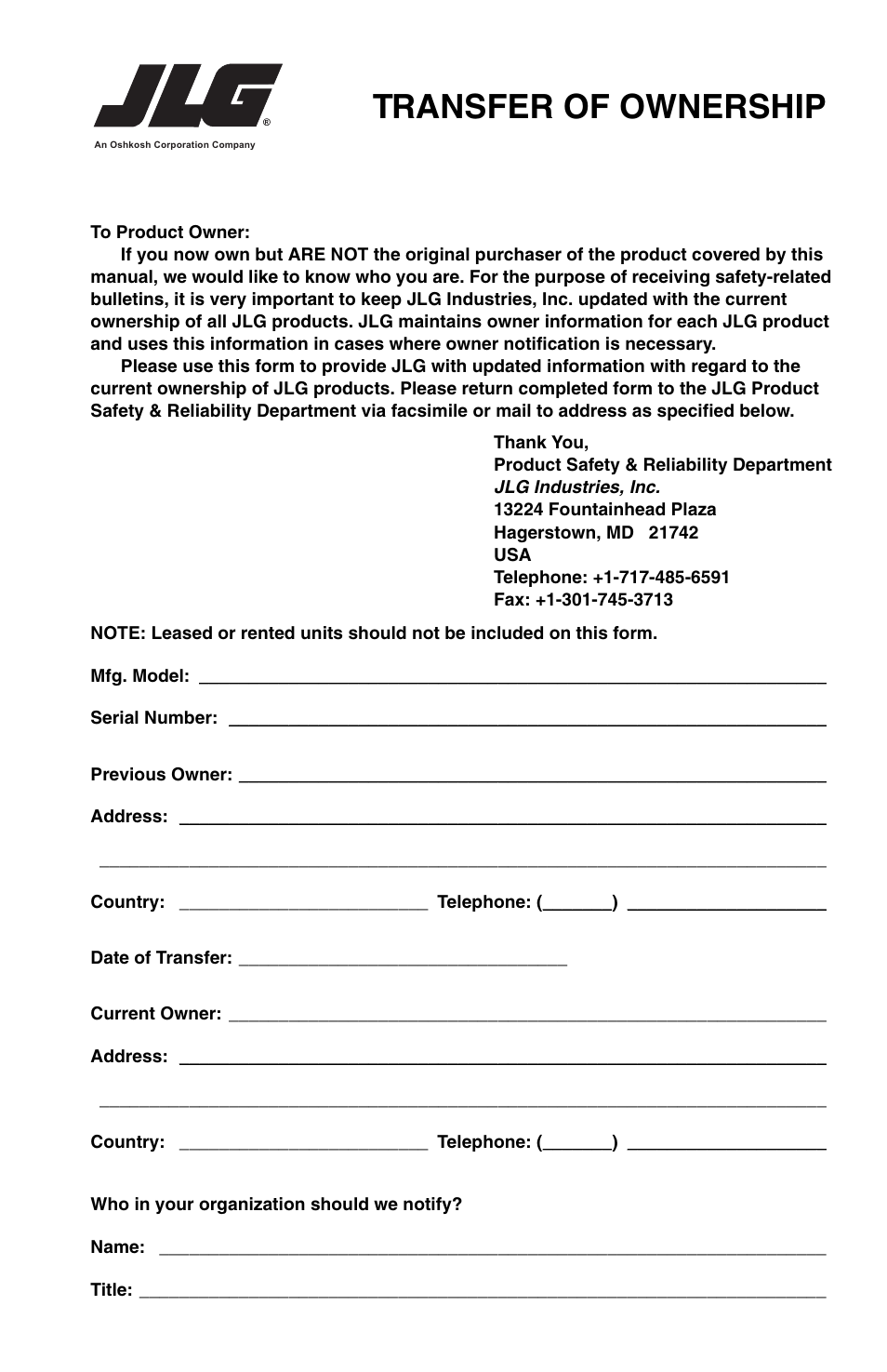 Transfer of ownership | JLG 266 LoPro Operator Manual User Manual | Page 137 / 140