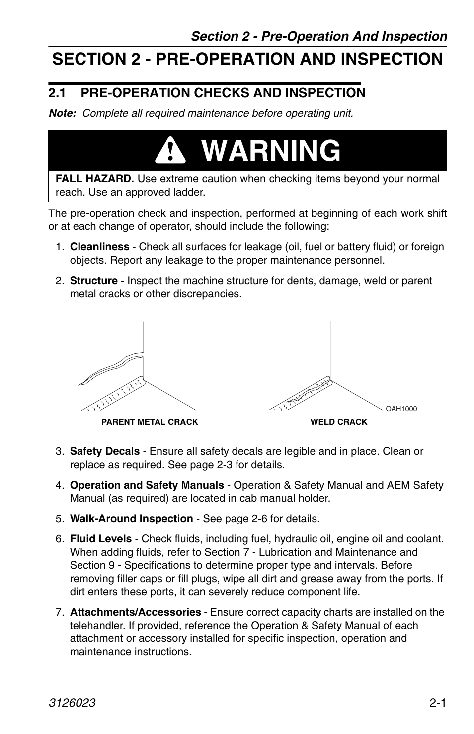 Section 2 - pre-operation and inspection, 1 pre-operation checks and inspection, 1 pre-operation checks and inspection -1 | Warning | JLG 266 LoPro Operator Manual User Manual | Page 25 / 140