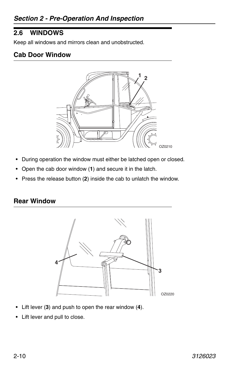 6 windows, Cab door window, Rear window | 6 windows -10, Cab door window -10 rear window -10 | JLG 266 LoPro Operator Manual User Manual | Page 34 / 140