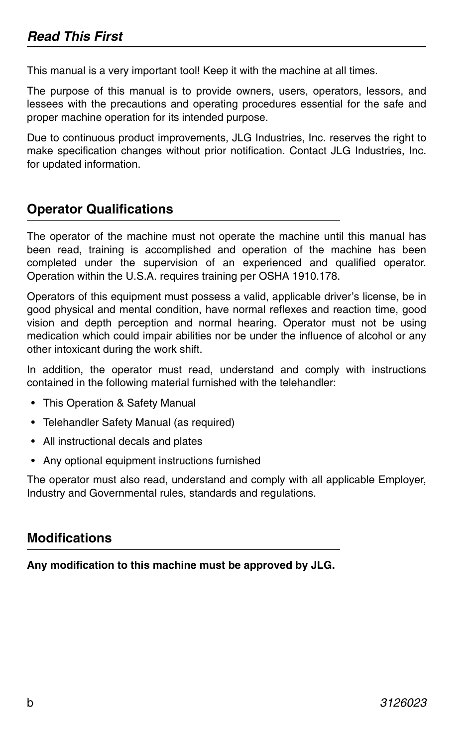 Read this first, Operator qualifications, Modifications | JLG 266 LoPro Operator Manual User Manual | Page 4 / 140