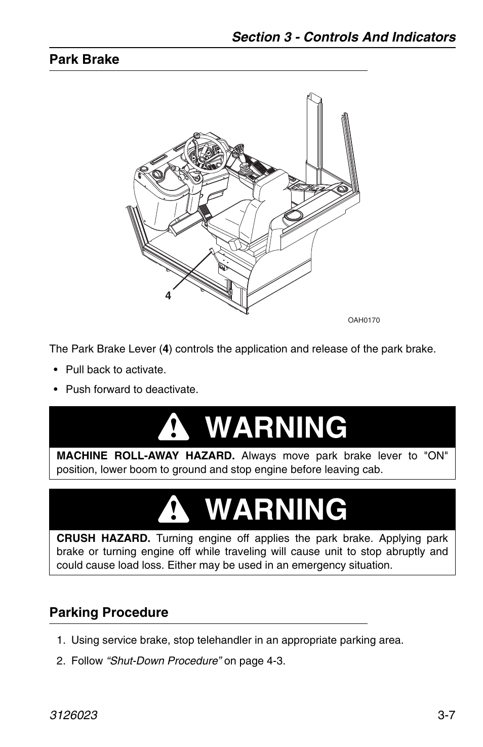 Park brake, Parking procedure, Park brake -7 parking procedure -7 | Warning | JLG 266 LoPro Operator Manual User Manual | Page 41 / 140