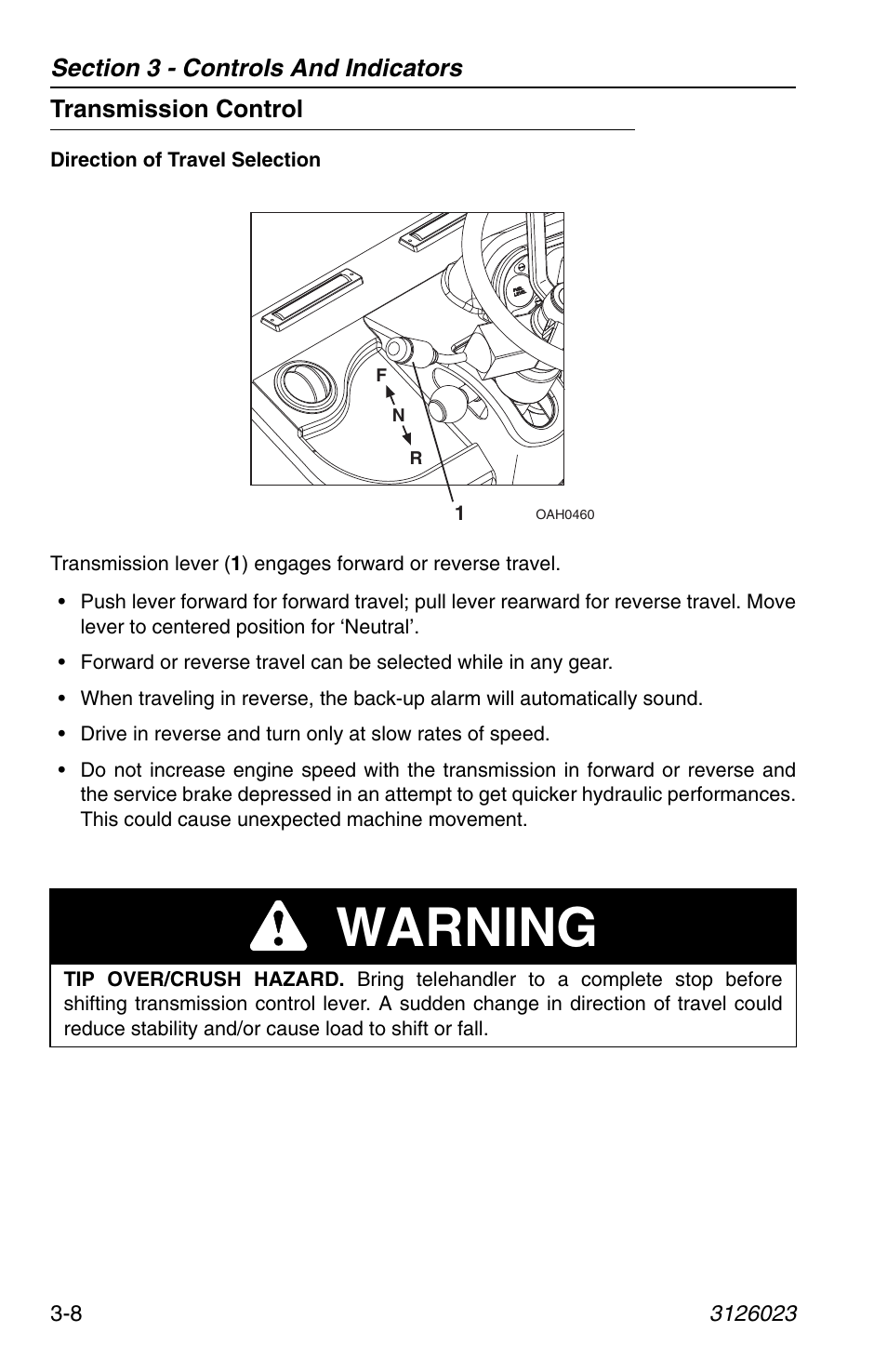 Transmission control, Transmission control -8, Warning | JLG 266 LoPro Operator Manual User Manual | Page 42 / 140