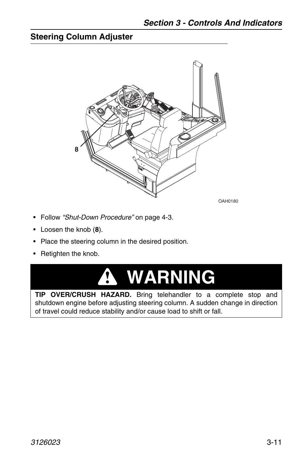 Steering column adjuster, Steering column adjuster -11, Warning | JLG 266 LoPro Operator Manual User Manual | Page 45 / 140