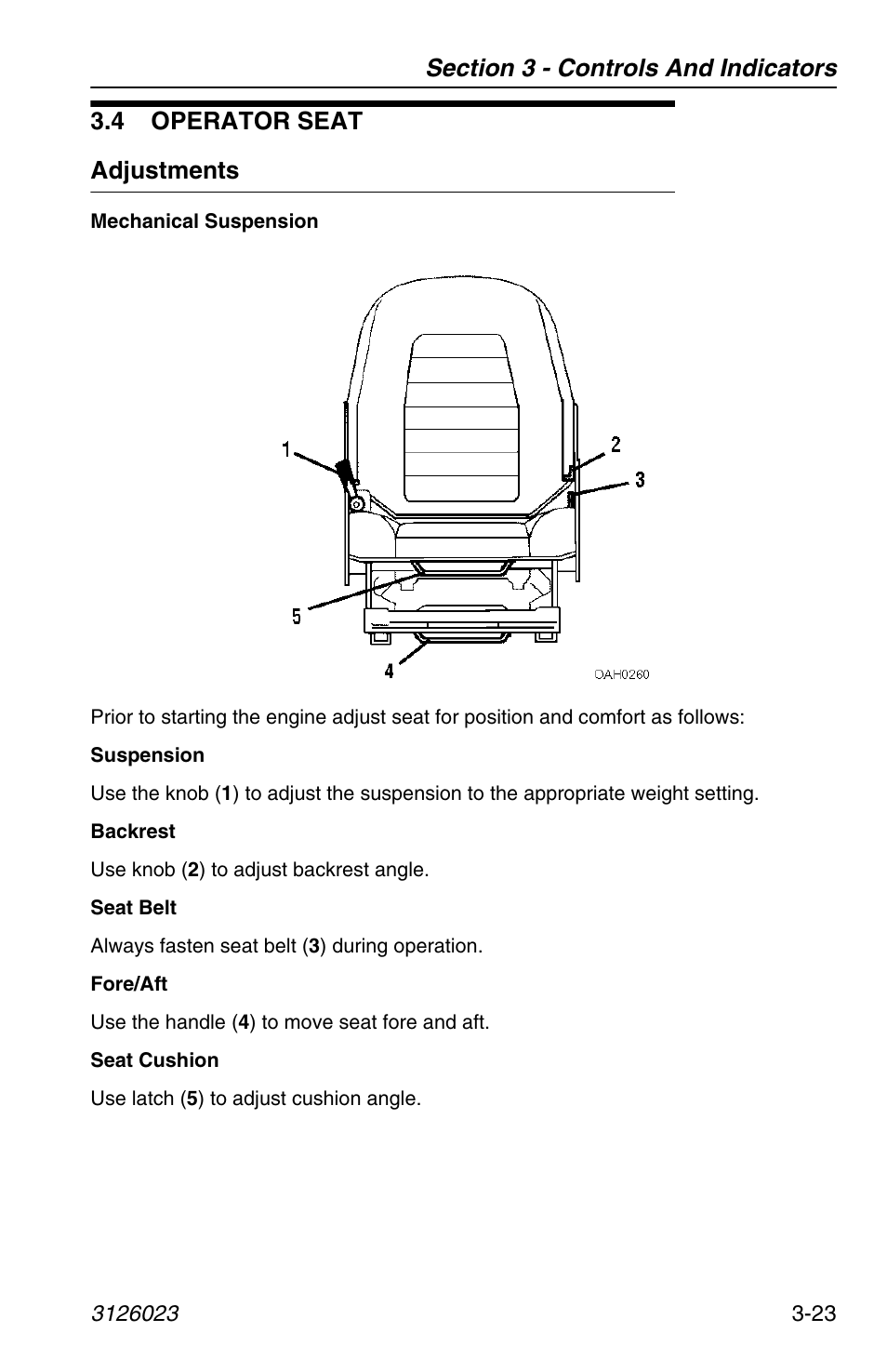 4 operator seat, Adjustments, 4 operator seat -23 | Adjustments -23, 4 operator seat adjustments | JLG 266 LoPro Operator Manual User Manual | Page 57 / 140