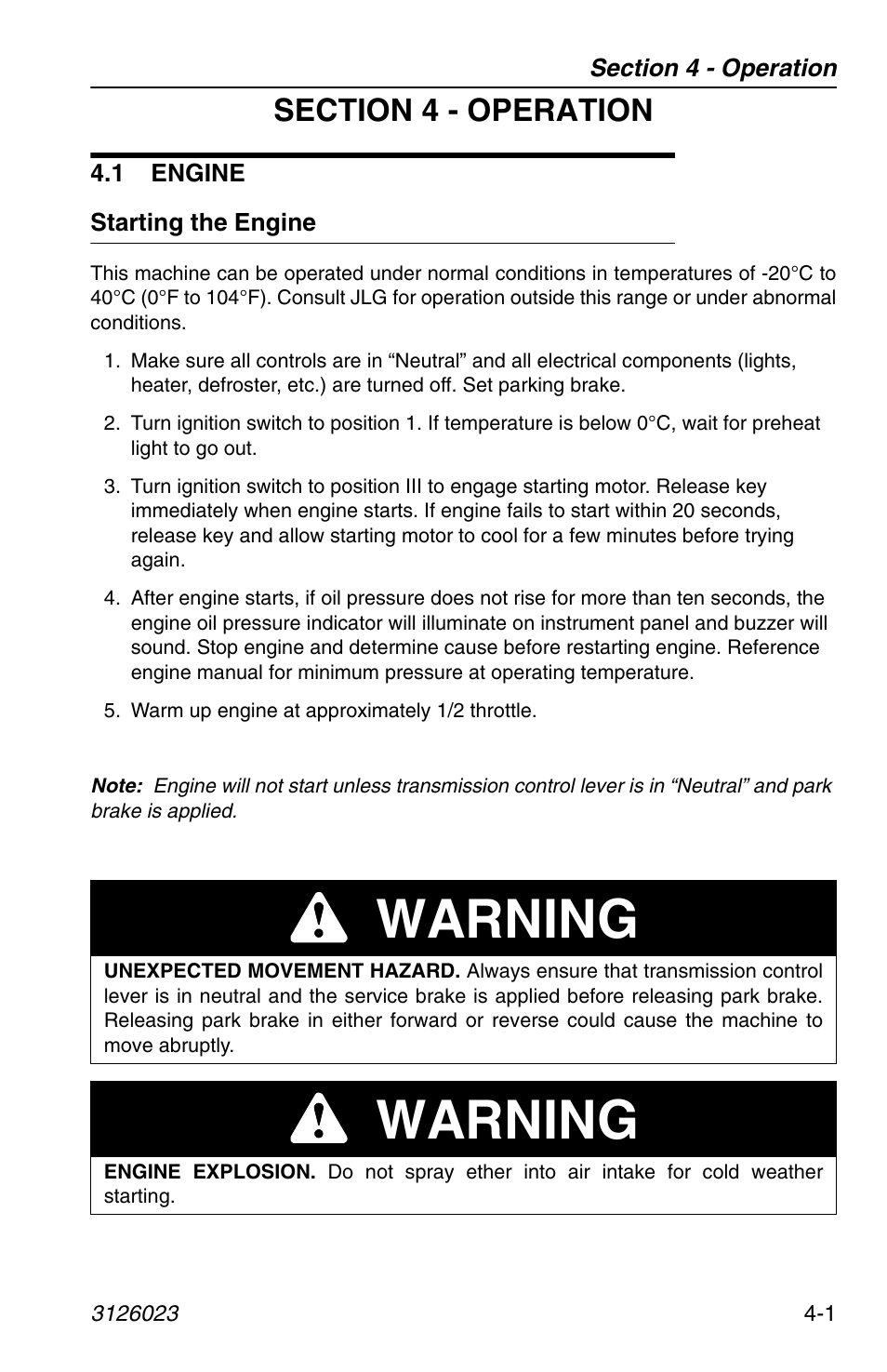 Section 4 - operation, 1 engine, Starting the engine | 1 engine -1, Starting the engine -1, Warning | JLG 266 LoPro Operator Manual User Manual | Page 61 / 140