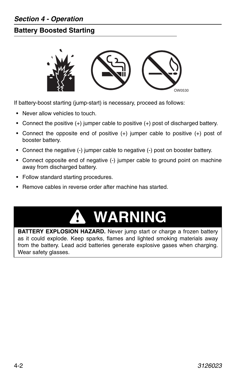 Battery boosted starting, Battery boosted starting -2, Warning | JLG 266 LoPro Operator Manual User Manual | Page 62 / 140