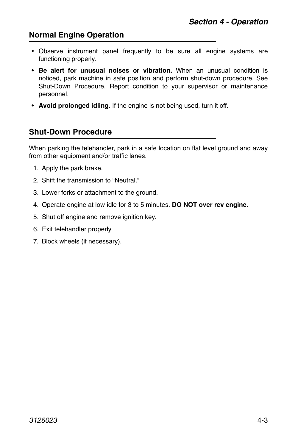 Normal engine operation, Shut-down procedure, Normal engine operation -3 shut-down procedure -3 | JLG 266 LoPro Operator Manual User Manual | Page 63 / 140