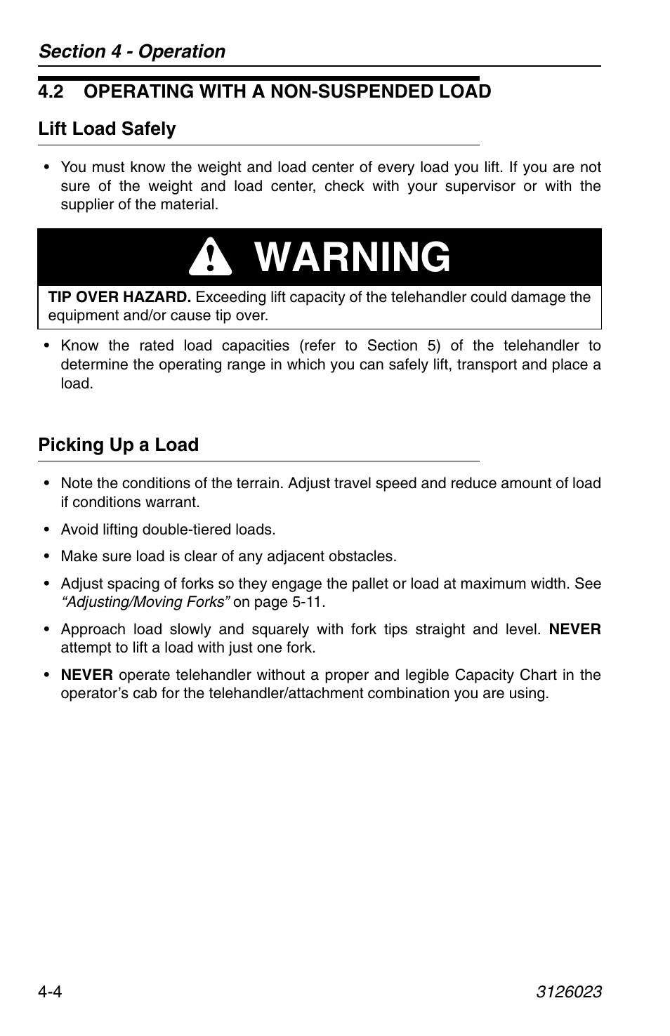 2 operating with a non-suspended load, Lift load safely, Picking up a load | 2 operating with a non-suspended load -4, Lift load safely -4 picking up a load -4, Warning | JLG 266 LoPro Operator Manual User Manual | Page 64 / 140