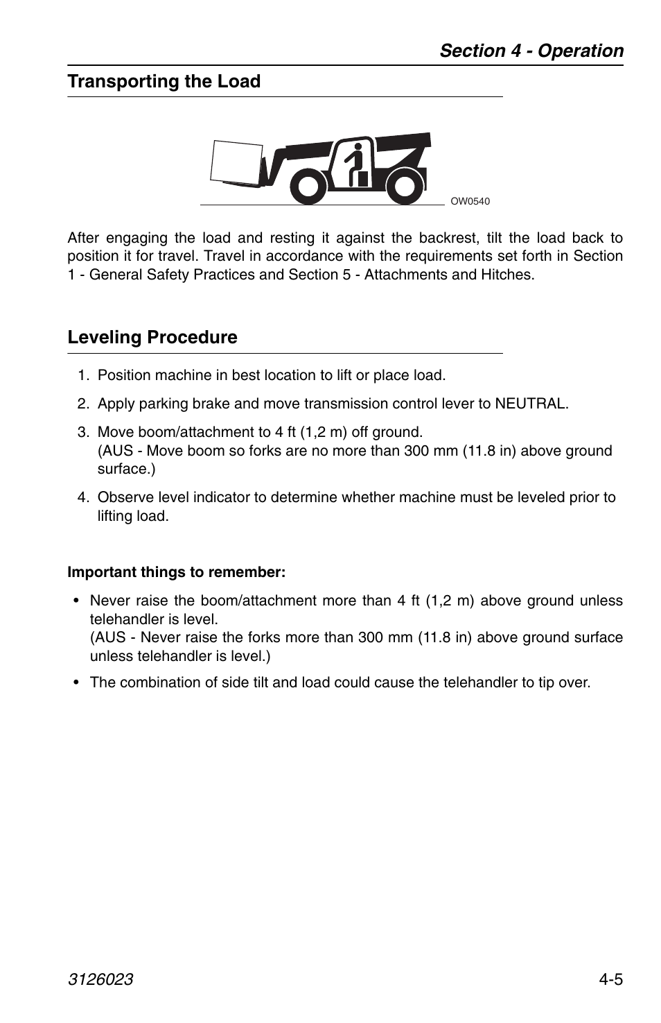 Transporting the load, Leveling procedure, Transporting the load -5 leveling procedure -5 | JLG 266 LoPro Operator Manual User Manual | Page 65 / 140