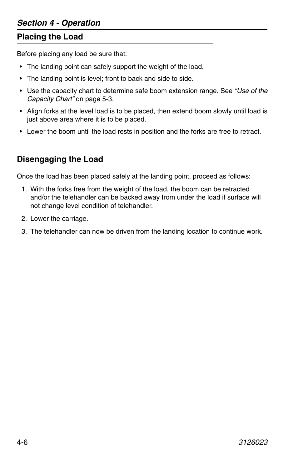 Placing the load, Disengaging the load, Placing the load -6 disengaging the load -6 | JLG 266 LoPro Operator Manual User Manual | Page 66 / 140