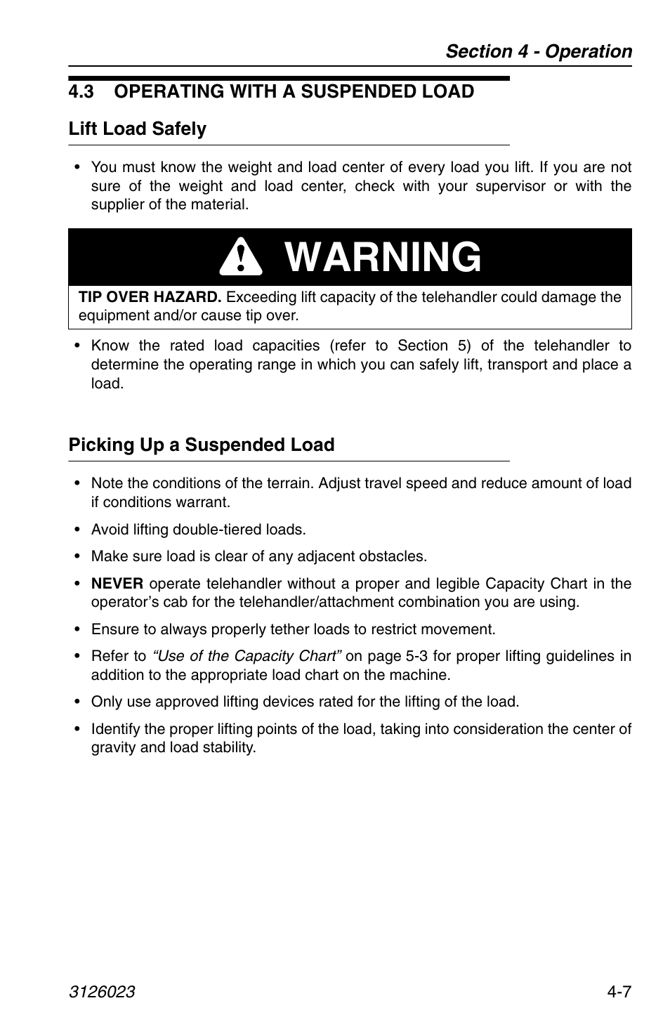 3 operating with a suspended load, Lift load safely, Picking up a suspended load | 3 operating with a suspended load -7, Lift load safely -7 picking up a suspended load -7, Warning | JLG 266 LoPro Operator Manual User Manual | Page 67 / 140