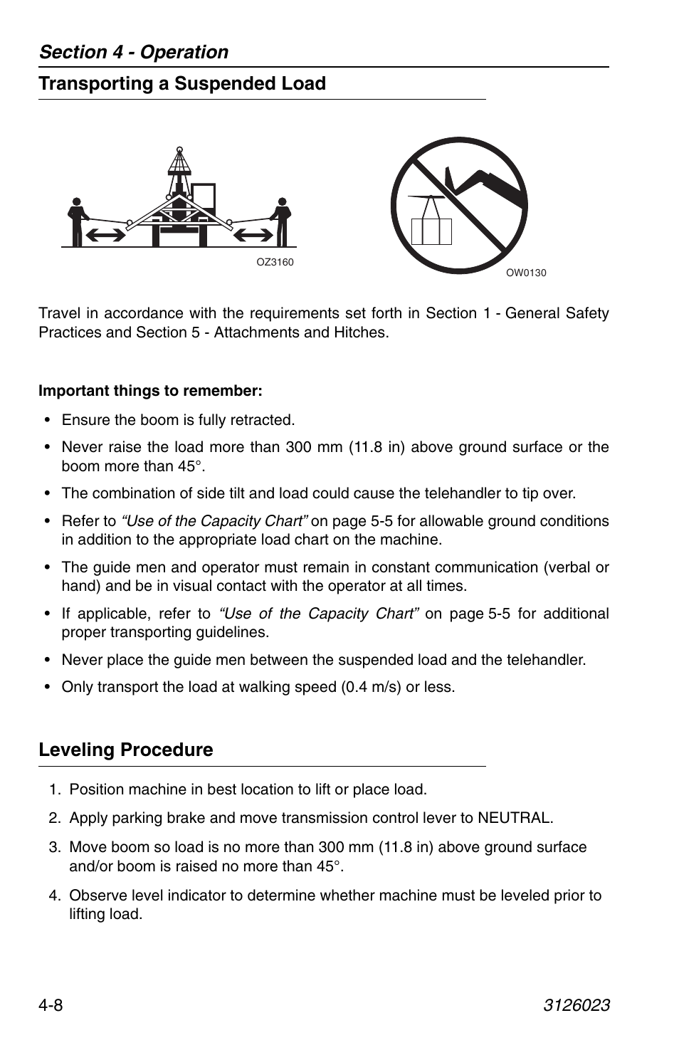 Transporting a suspended load, Leveling procedure | JLG 266 LoPro Operator Manual User Manual | Page 68 / 140