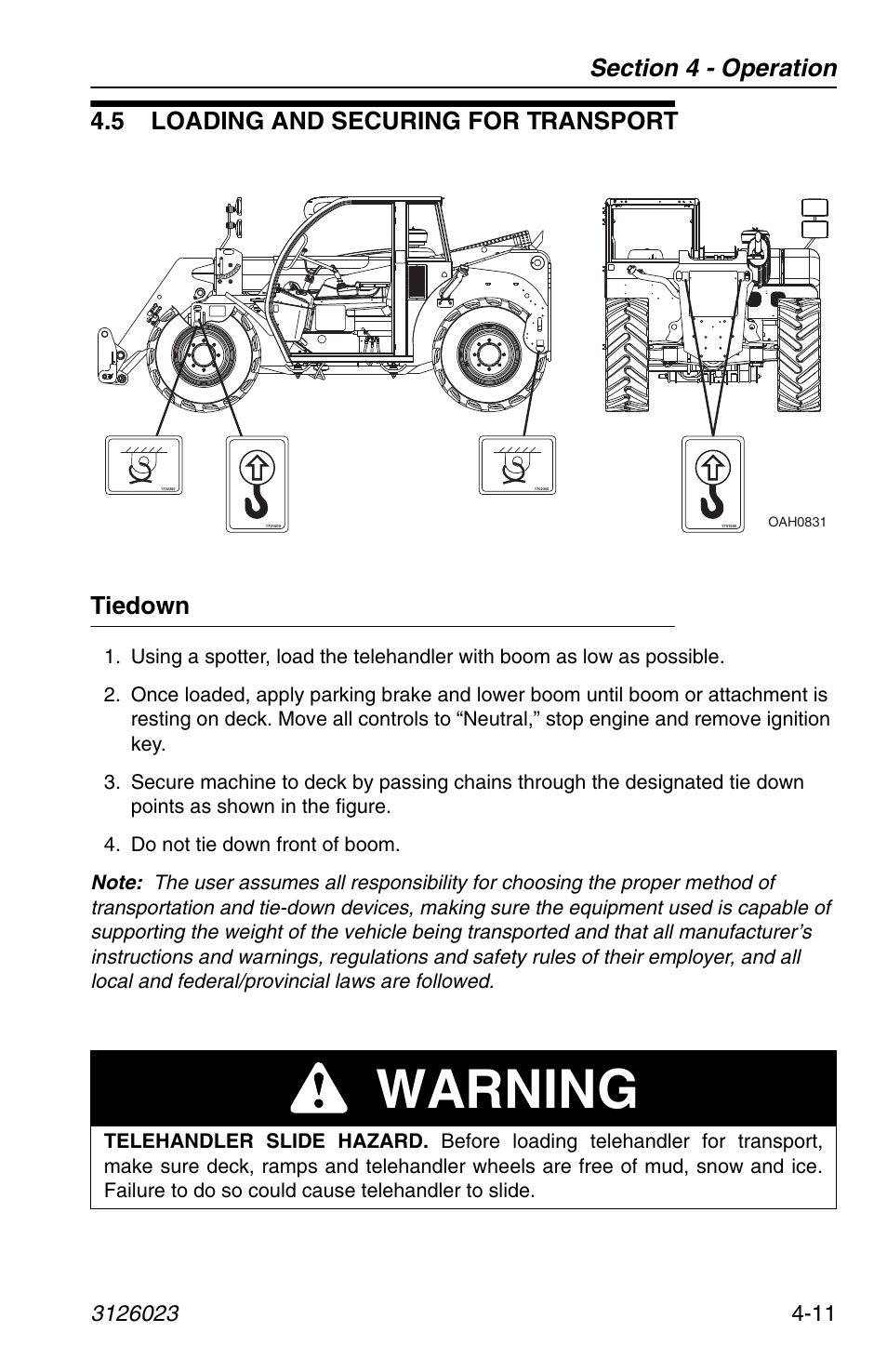 5 loading and securing for transport, Tiedown, 5 loading and securing for transport -11 | Tiedown -11, Warning, 5 loading and securing for transport tiedown | JLG 266 LoPro Operator Manual User Manual | Page 71 / 140