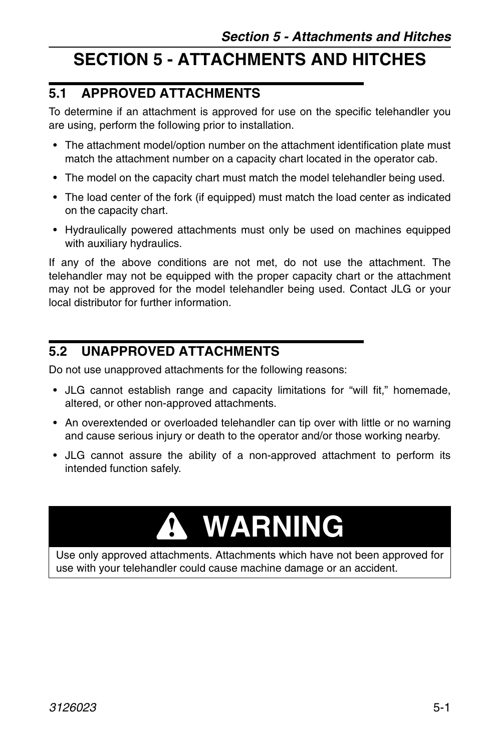 Section 5 - attachments and hitches, 1 approved attachments, 2 unapproved attachments | See section 5 - attachments and hitches, Warning | JLG 266 LoPro Operator Manual User Manual | Page 73 / 140