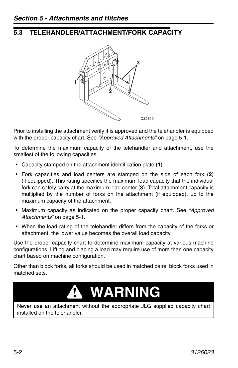 3 telehandler/attachment/fork capacity, 3 telehandler/attachment/fork capacity -2, Warning | JLG 266 LoPro Operator Manual User Manual | Page 74 / 140