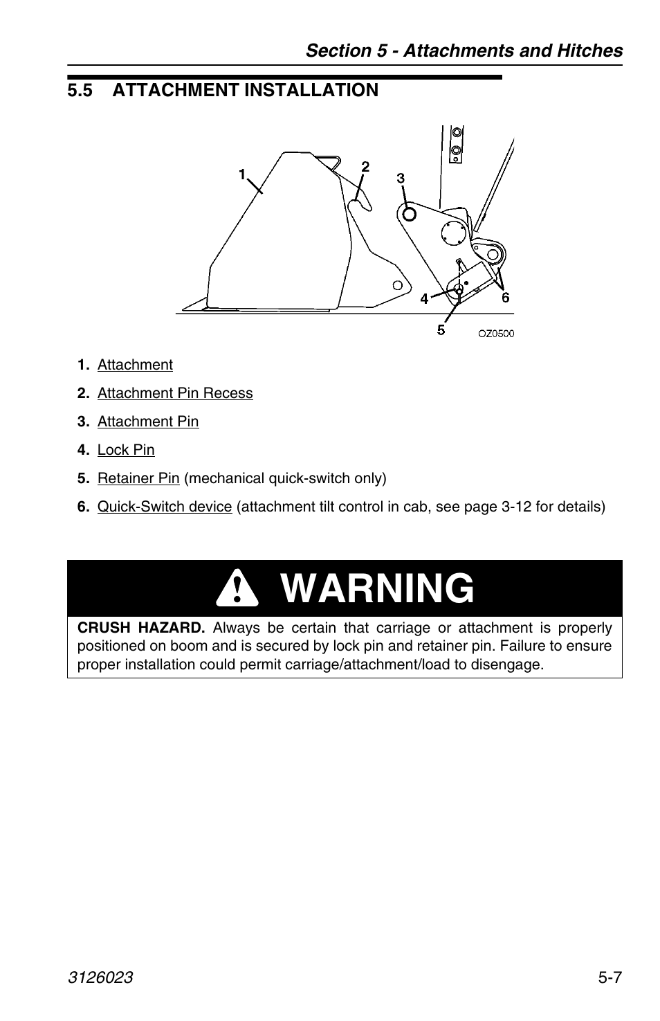 5 attachment installation, 5 attachment installation -7, Warning | JLG 266 LoPro Operator Manual User Manual | Page 79 / 140