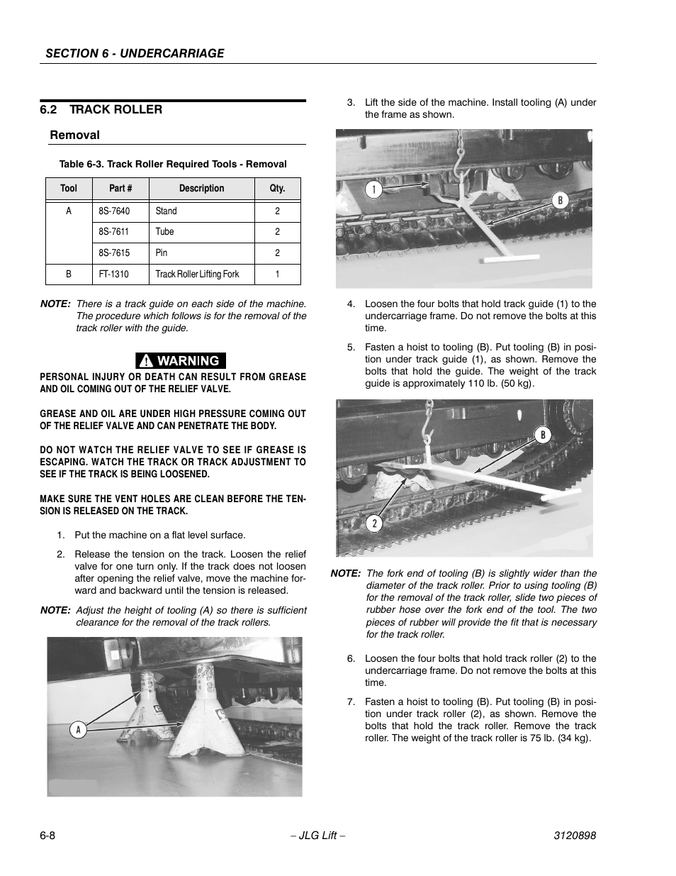 2 track roller, Removal, Track roller -8 | Removal -8, Track roller required tools - removal -8 | JLG 600SC_660SJC Service Manual User Manual | Page 112 / 186