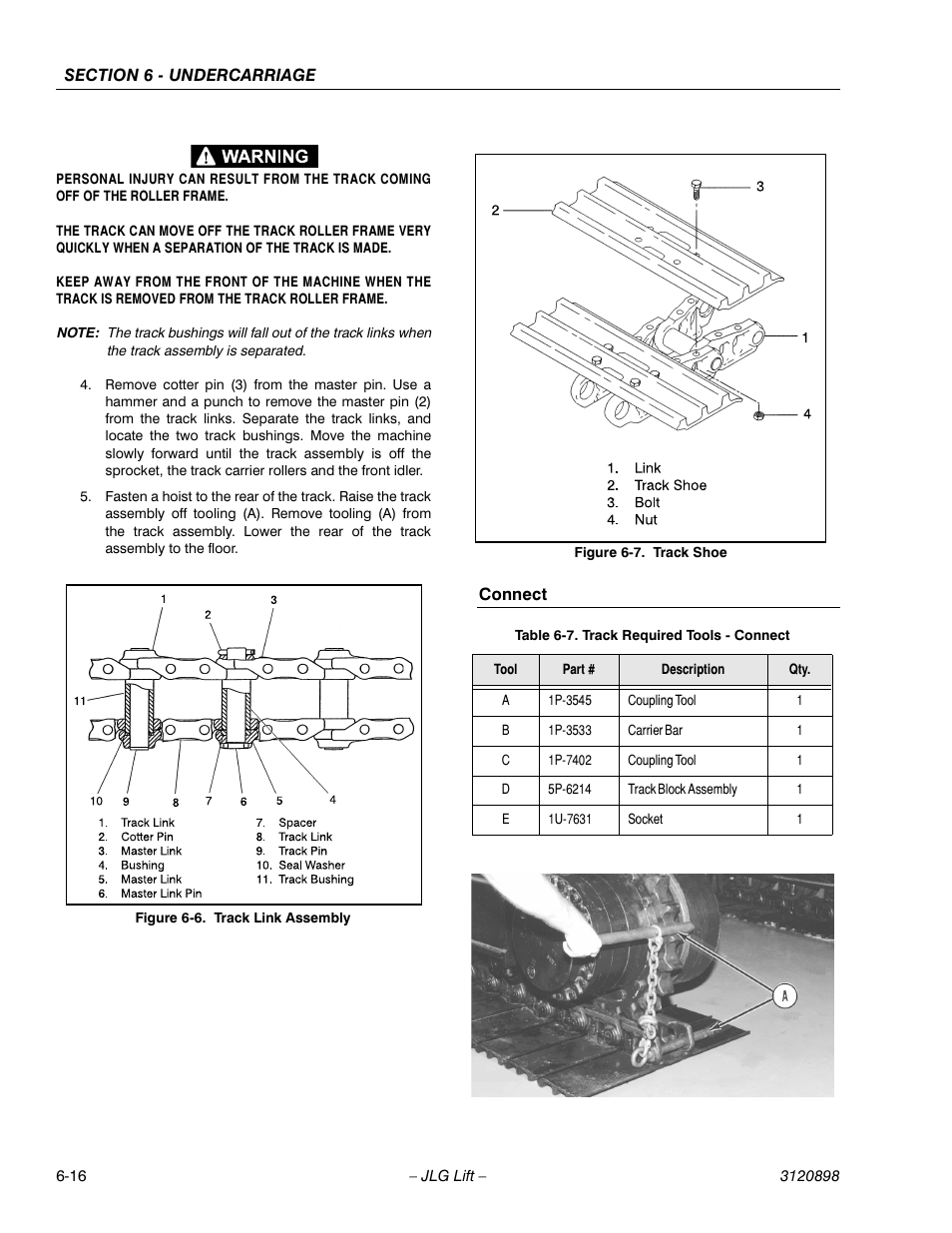 Connect, Connect -16, Track link assembly -16 | Track shoe -16, Track required tools - connect -16 | JLG 600SC_660SJC Service Manual User Manual | Page 120 / 186