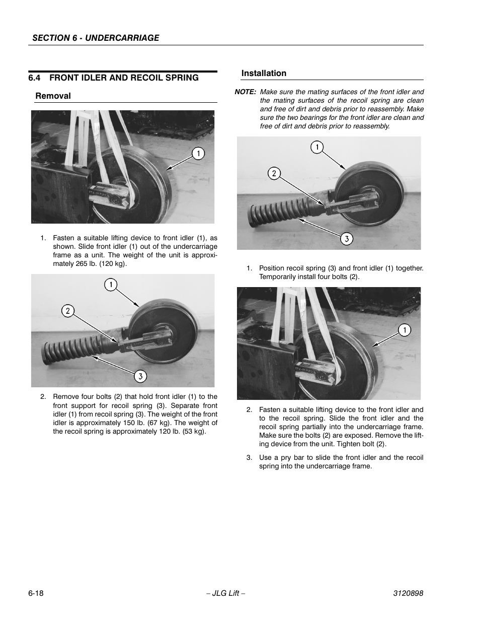 4 front idler and recoil spring, Removal, Installation | Front idler and recoil spring -18, Removal -18 installation -18 | JLG 600SC_660SJC Service Manual User Manual | Page 122 / 186