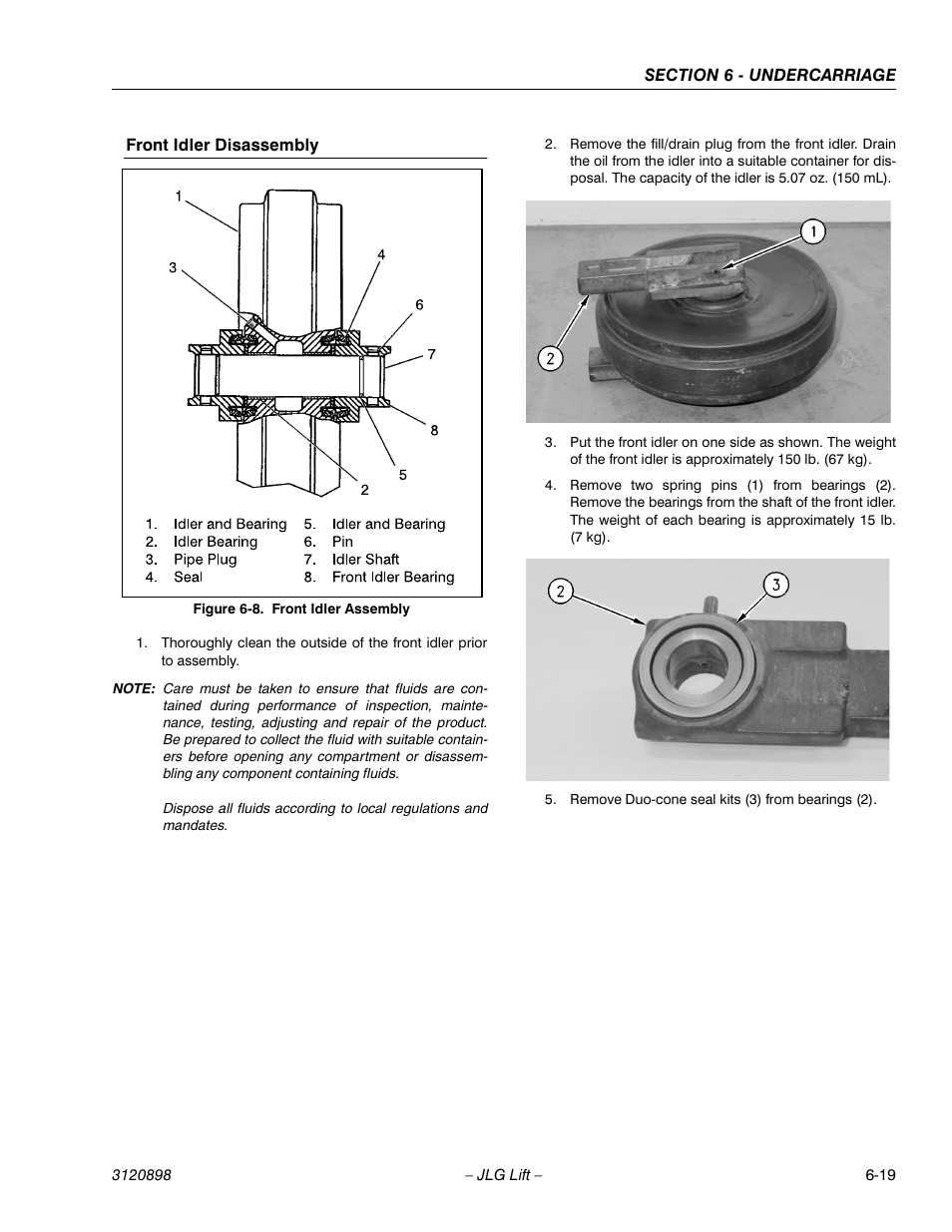 Front idler disassembly, Front idler disassembly -19, Front idler assembly -19 | JLG 600SC_660SJC Service Manual User Manual | Page 123 / 186