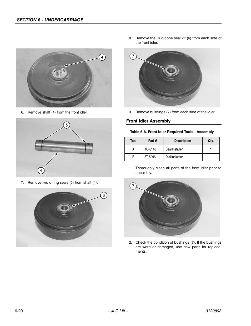 Front idler assembly, Front idler assembly -20, Front idler required tools - assembly -20 | JLG 600SC_660SJC Service Manual User Manual | Page 124 / 186