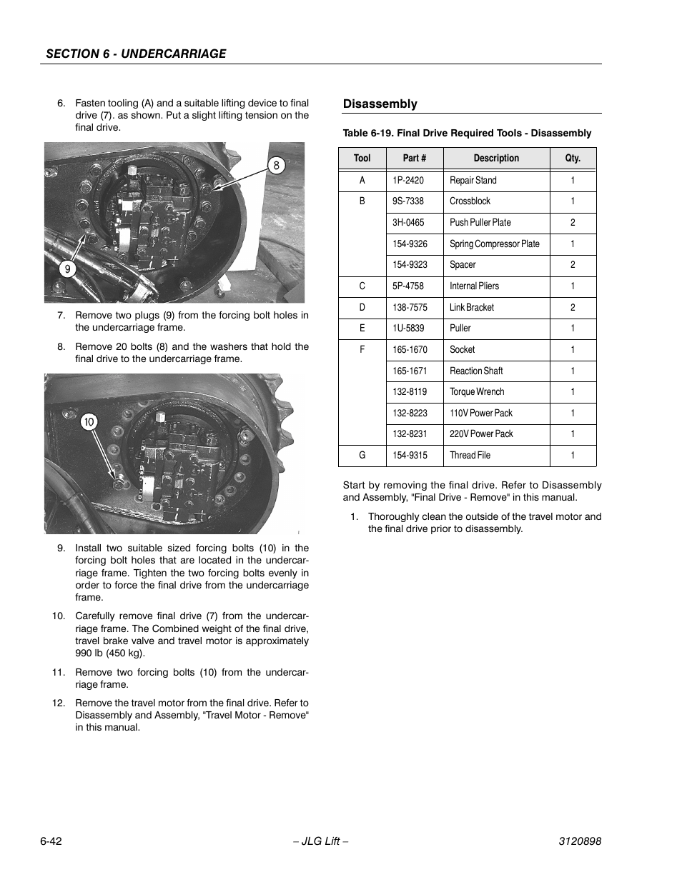 Disassembly, Disassembly -42, Final drive required tools - disassembly -42 | JLG 600SC_660SJC Service Manual User Manual | Page 146 / 186