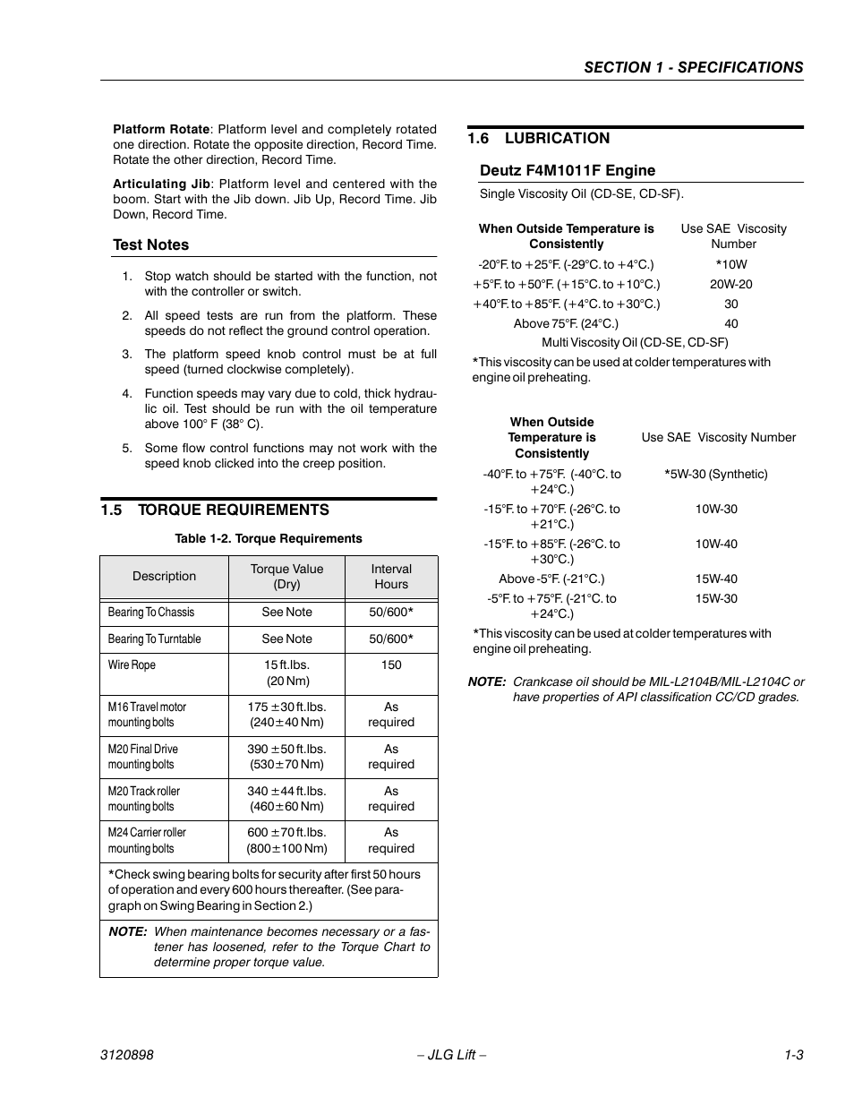 Test notes, 5 torque requirements, 6 lubrication | Deutz f4m1011f engine, Test notes -3, Torque requirements -3, Lubrication -3, Deutz f4m1011f engine -3 | JLG 600SC_660SJC Service Manual User Manual | Page 15 / 186