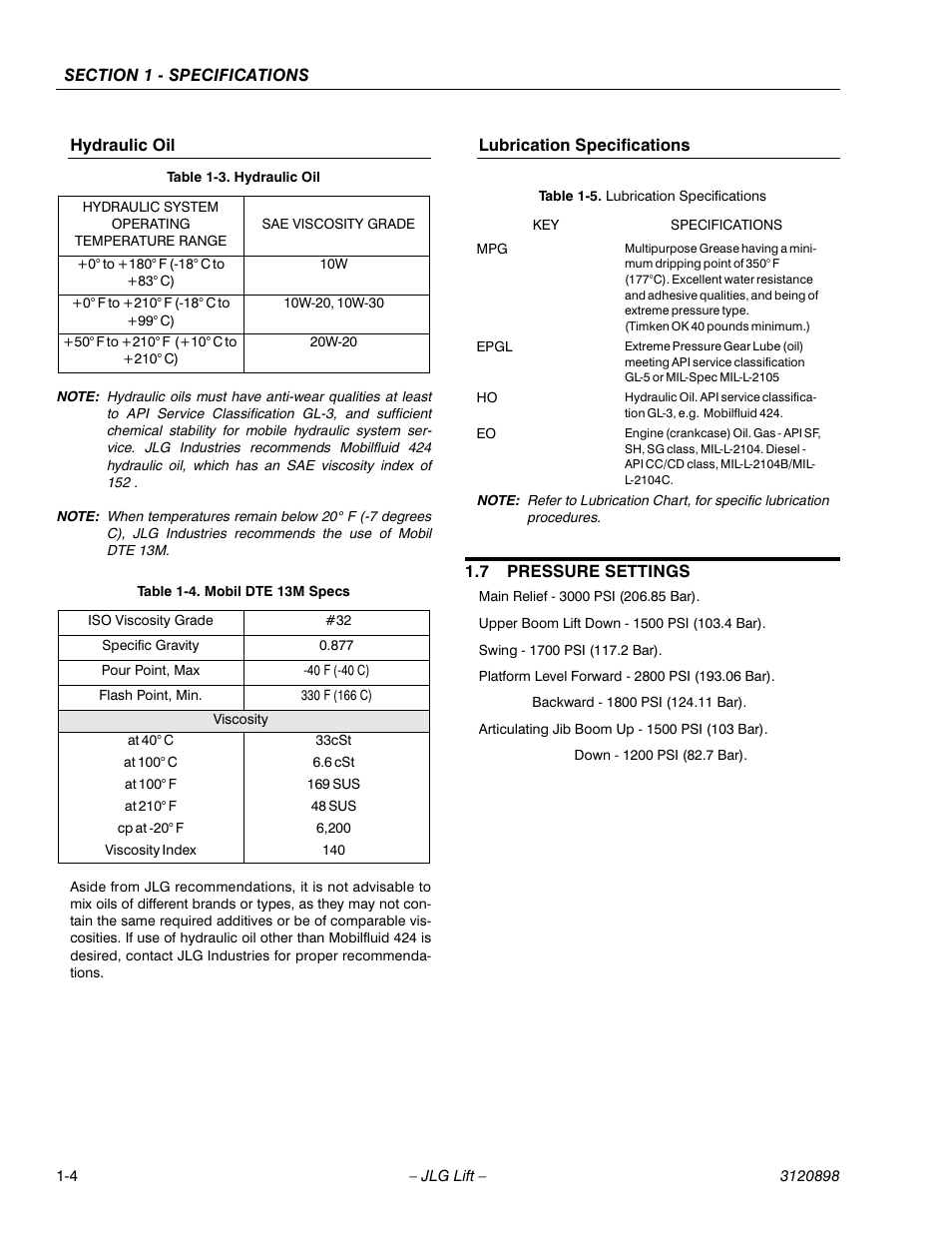 Hydraulic oil, Lubrication specifications, 7 pressure settings | Hydraulic oil -4 lubrication specifications -4, Pressure settings -4, Hydraulic oil -4, Mobil dte 13m specs -4, Lubrication specifications -4 | JLG 600SC_660SJC Service Manual User Manual | Page 16 / 186