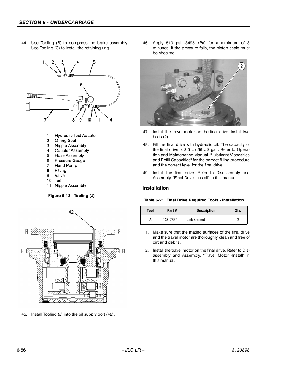 Installation, Installation -56, Tooling (j) -56 | Final drive required tools - installation -56 | JLG 600SC_660SJC Service Manual User Manual | Page 160 / 186