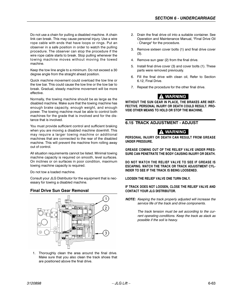 Final drive sun gear removal, 15 track adjustment - adjust, Final drive sun gear removal -63 | Track adjustment - adjust -63 | JLG 600SC_660SJC Service Manual User Manual | Page 167 / 186